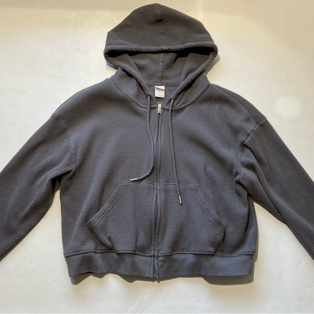 GOOD Auden Womens Large Gray Waffle Knit Hooded Full Zip Jacket